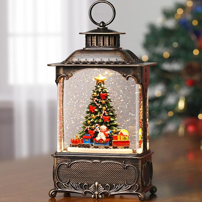 Christmas Tree Snow Globe Lantern Christmas Decorations Gifts Auto Snowfall Glitter Music Collection Snowman Train Candy Cane with 6H Timer USB/Battery Powered 10.2 inch