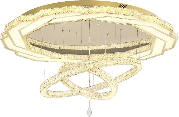 Flashing God Extra Large Chandelier Dia 55" Gold Chandeliers Flush Mount Chandelier for Living Room Bedroom Dining Room Hallway Dimmable 3 Rings Chandeliers