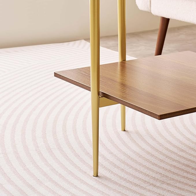 Glass End Table, Mid-Century Modern Design Sofa Table, for Living Room, 2-Tier Structure, Clear Glass Top and Walnut MDF Shelf, Sleek Conical Metal Legs with Gold Finish Frame