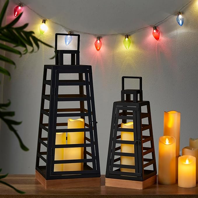 Glitzhome Set of 2 Modern Trapezoid Metal/Wood Decorative Lanterns,Large Candle Lanterns for Living Room,Home,Indoor, Outdoor,Table,Fireplace Mantle Decor -Black(No Glass)