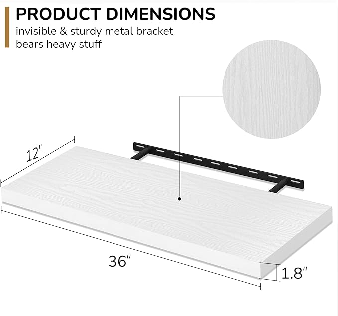 Fun Memories Floating Shelves - 2 Pack 12 Inch Rustic Wooden Wall Shelves - Extra Deeper & Thicker Wall Mounted Storage Shelf for Living Room, Kitchen, Farmhouse - 36" W x 12" D x 1.8" H - White