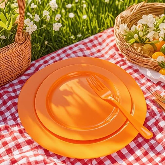 FLOWERCAT 60PCS Orange Plates - Heavy Duty Orange Plastic Plates Disposable for Halloween & Thanksgiving Party - Serve 30 Guests 10.25inch and 7.5inch