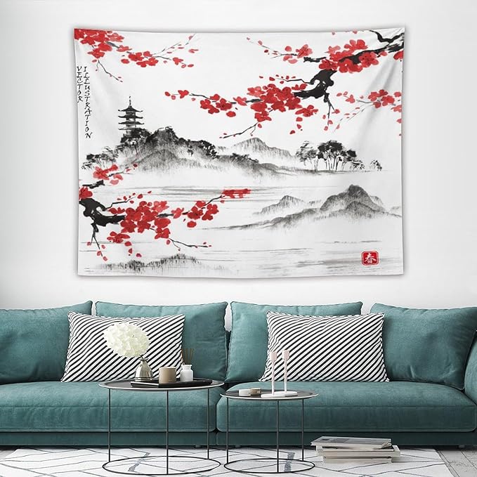 Cherry Blossoms Tapestry, Japanese Fuji Mountain Tapestry, Asian Japanese Wall Tapestry, Nature Landscape Tapestries for Bedroom Living Room Decor 80"x60"