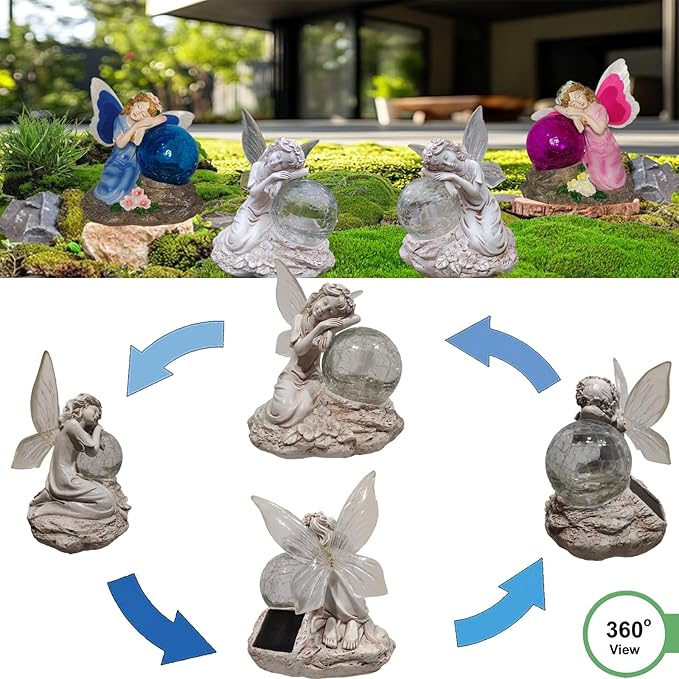 Fairy Garden Statue ，Solar Garden Decor ，Fairy Statue Outdoor with Glass Ball ，Waterproof Outdoor Decor，Suitable for Yard, Lawn ，Ideal for Holiday Giving (Left)