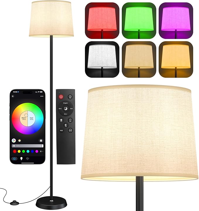 Floor Lamp for Living Room Bedroom,Modern Floor Lamp with Remote, Simple Design with Beige Shade,Foot Pedal Switch,Dimmable Colors Temperature,9W RGB LED Bulb