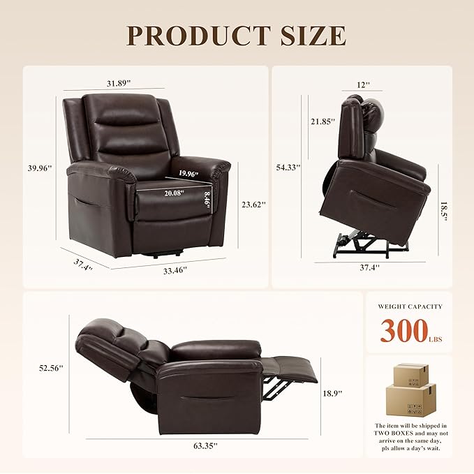 COLAMY PU Leather Power Lift Chair with Massage and Heat,Electric Lift Recliner Chair with Thick Cushioned Padding Backrest for Living Room, Office, Bedroom -Darkbrown