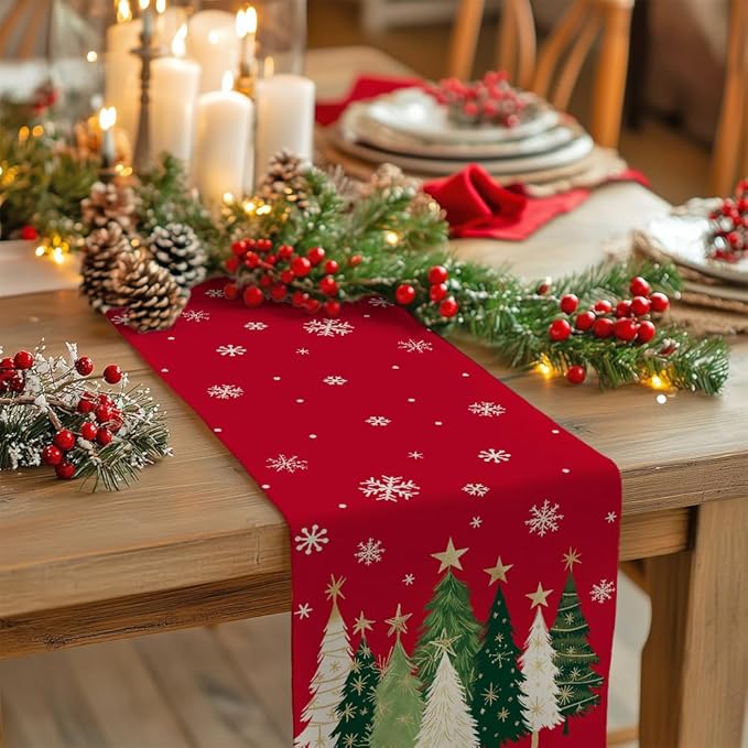 GEEORY Christmas Table Runner 13x120 Inch, Xmas Trees Snowflakes Holiday Decorative Farmhouse Table Decoration for Kitchen Dinning, Indoor Outdoor Dinner Party Decor (Red) GT150-120