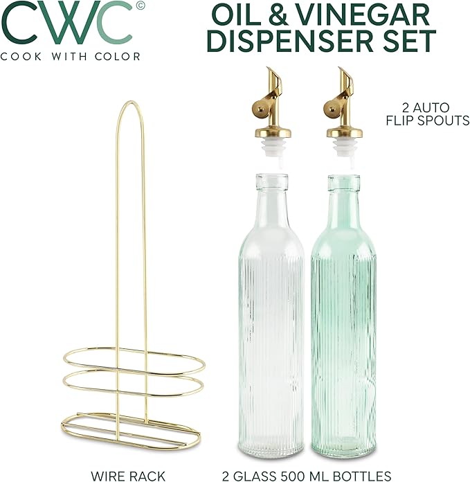 COOK WITH COLOR Glass Olive Oil Bottle Dispenser - 2 Pack- 17oz Oil and Vinegar Cruet - Olive Oil Carafe Decanter for Kitchen