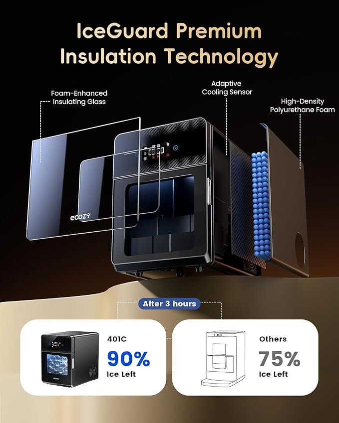 ecozy 2" Clear Ice Ball Maker with CrystalFlux Technology, 4 pcs in 40 Mins, 144 pcs/Day, Sphere Ice Maker with Enhanced Insulation, Automatic Water Supply, Self-Cleaning for Whiskey & Bourbon