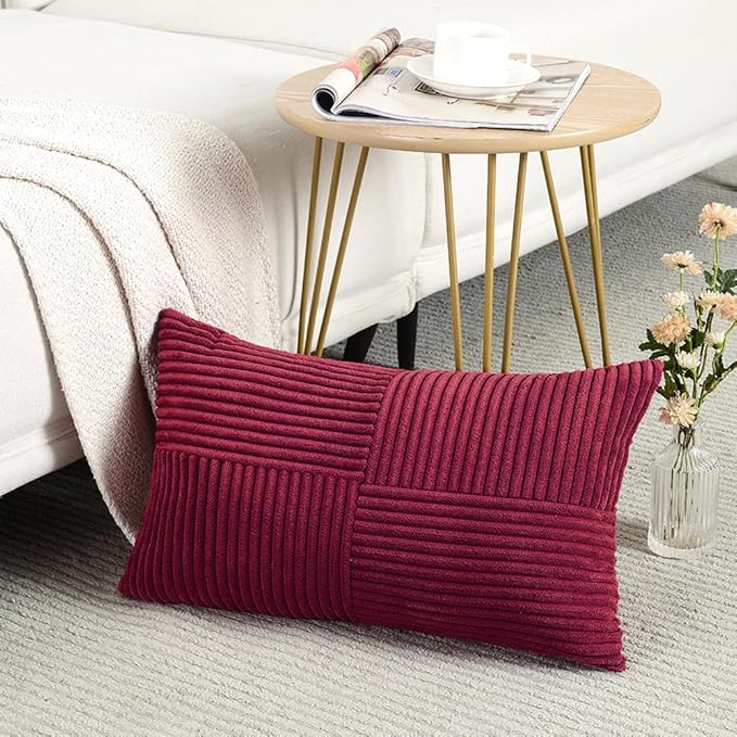 Fancy Homi 2 Packs Burgundy Long Lumbar Decorative Throw Pillow Covers 12x24 Inch for Couch Bed Sofa, Rustic Farmhouse Boho Home Decor, Soft Striped Corduroy Rectangle Accent Cushion Case 30x60 cm