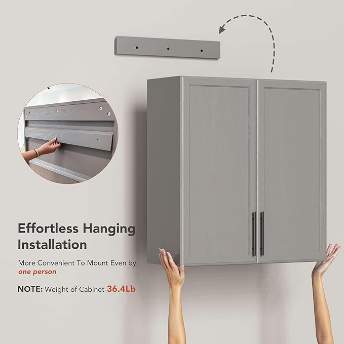 FIMELLO 59" Laundry Room Cabinets Wall Mounted, Kitchen Wall Cabinet with Adjustable Shelf, Wall Cabinets with Doors for Laundry Room, Upper Cabinets for Bathroom, Gray