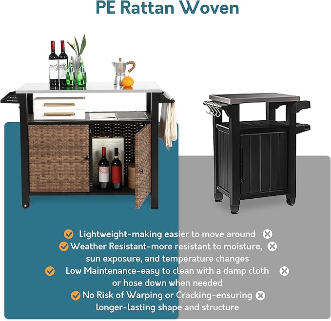 Grill Cart Outdoor with Wheels, Outdoor Prep Table with Wicker Storage and Rolling Wheels, Kitchen Island Serving Cart with Stainless Steel Table Top for BBQ, Porch, Patio, Brown