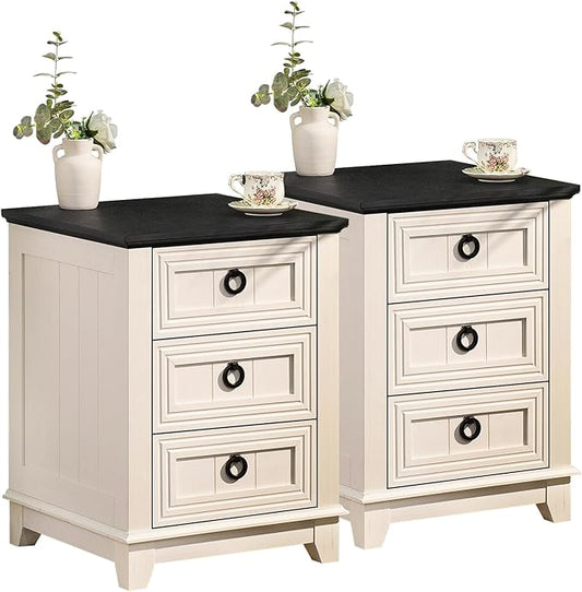 Farmhouse Night Stand Set of 2, 18" End Table with 3 Drawer Metal Handle, Dresser for Bedroom, Sofa Bed Side Table Chest of Drawers,Wood Nightstand Cabinet for Organizer, Living Room-White