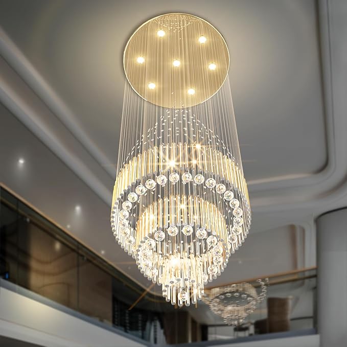Flashing God D24''XH86'' Modern Foyer Chandelier for High Ceiling Raindrop Crystal Chandelier High Ceiling Pendant Light Fixture for Hallway Living Room (Gold Staircase Chandeliers)