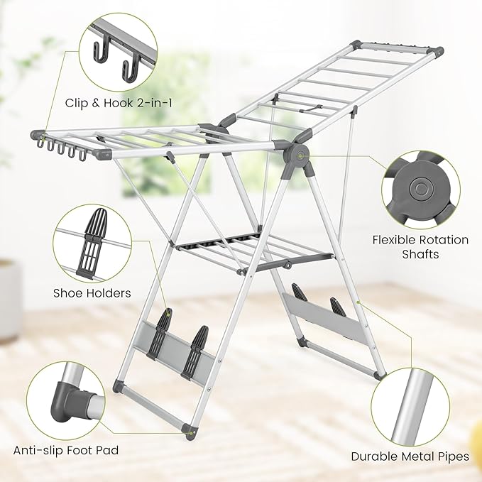 Giantex Clothes Drying Rack, 2-Layer Aluminum Foldable Laundry Drying Rack with 5-Level Adjustable Height, 21 Drying Rails, 10 Side Clips, 4 Shoe Holders, Space Saving Collapsible Laundry Drying Rack