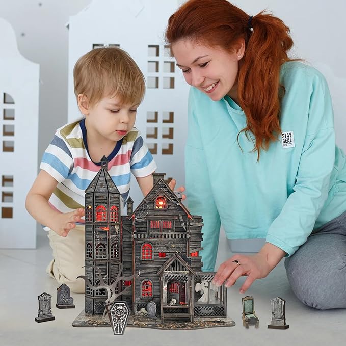 DIY Mini House Kit, Miniature Haunted House Kits with LED Accessories Furniture, 3D Wooden Puzzles for Adults, Dollhouse Craft Gifts for Girls, Boys, Teens