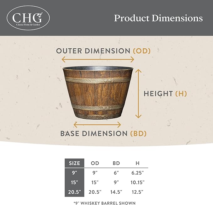 Classic Home & Garden Whiskey Barrel Planters - Wooden Finish Flower Planter Pot - Stylish Garden Pots - Indoor & Outdoor Resin Planters - Weather-Resistant Planting Pots (9" Oak Brown, Pack of 1)