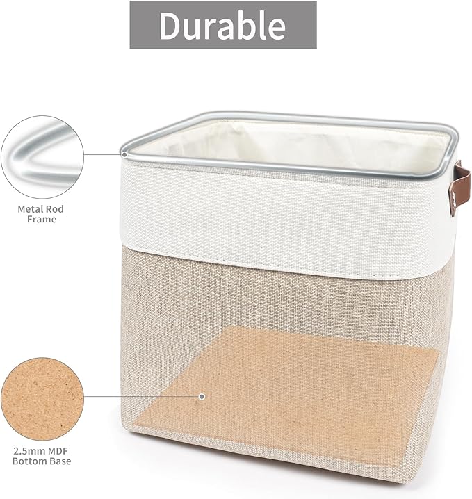 Collapsible Fabric Storage Cubes 11x11 Cube Storage Bins, 4 Pack Closet Baskets Box with Handles for Organizing, Shelf, Toys, Clothes, Home, Office, Nursery (Beige&White)
