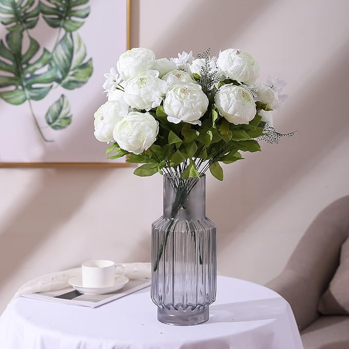 Duovlo Springs Flowers Artificial Silk Peony Bouquets Wedding Home Decoration,Pack of 1 (Spring White)