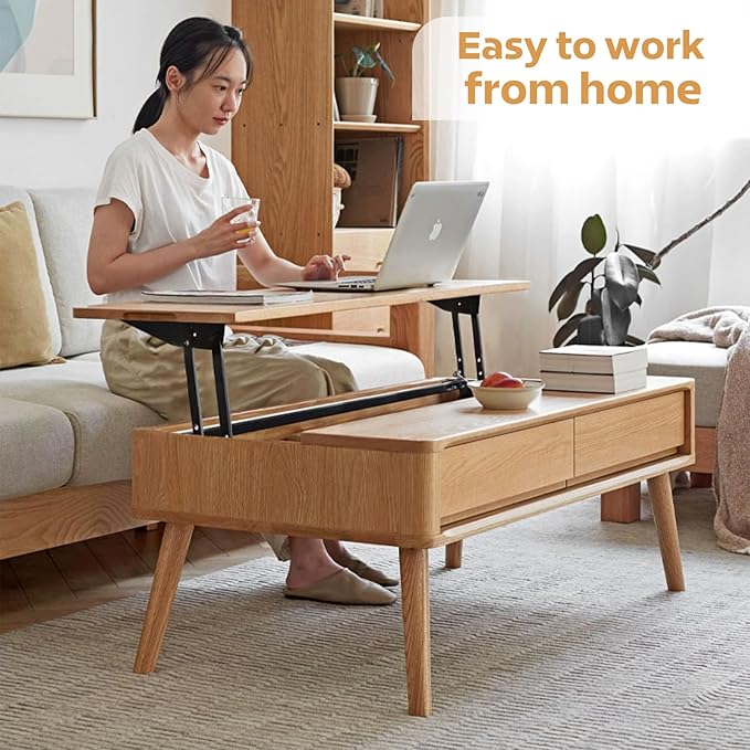 100% Solid Wood Lift Top Coffee Table for Living Room, Mid Century Modern Tables with Drawers and Large Storage, Oak Coffee Tables for Small Spaces (Oak Wood Log, 39.37" W x 21.65" D x 25.59" H)