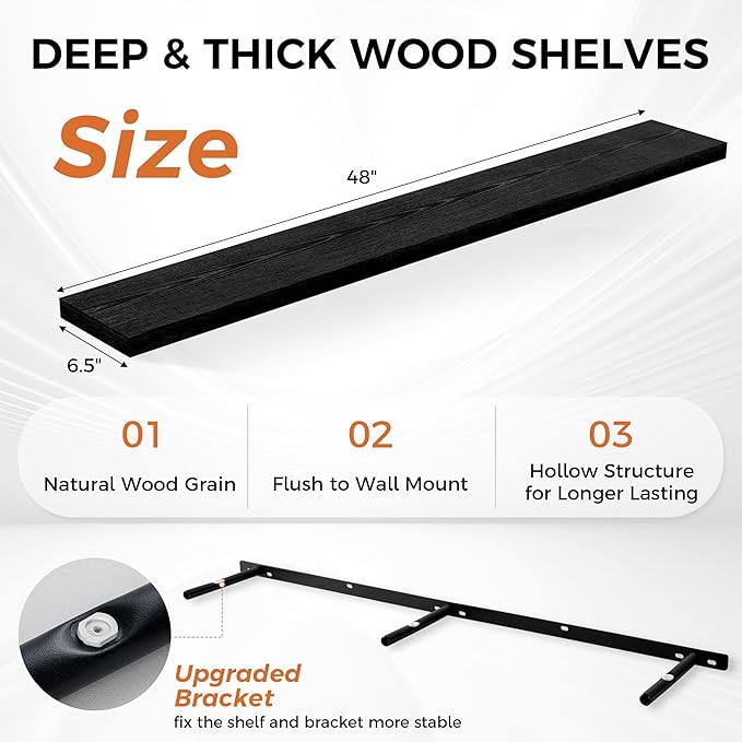 Floating Shelves for Wall, 48 Inch Floating Shelves for Home Decor, Wall Mounted Rustic Wood Shelves, Bathroom, Hanging Deep Shelf for Bedroom, Living Room, Kitchen (Black, Set of 2)