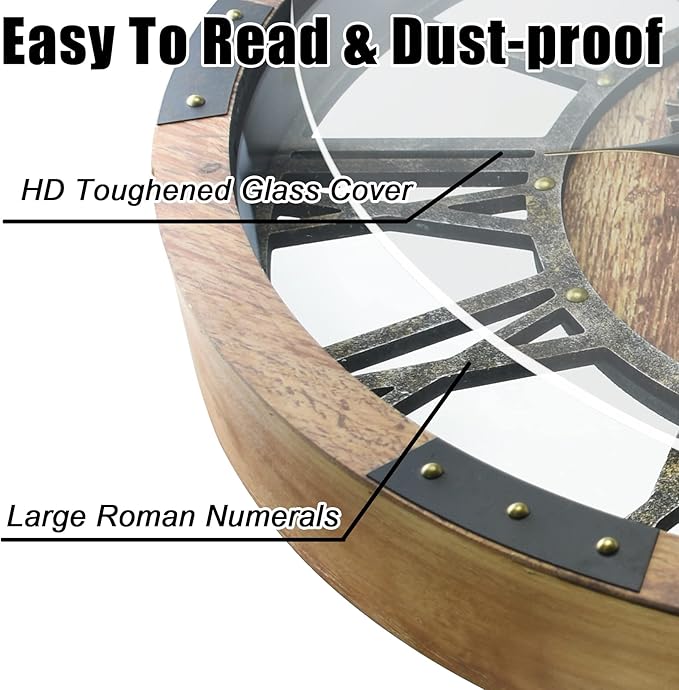 DORBOKER 30'' Large Wall Clock Real Moving Gears Oversized Industrial Solid Wood Rusic Farmhouse Clocks for Living Room Wall Decor Home Office, 30 inch 76cm, Brown and Vintage Bronze