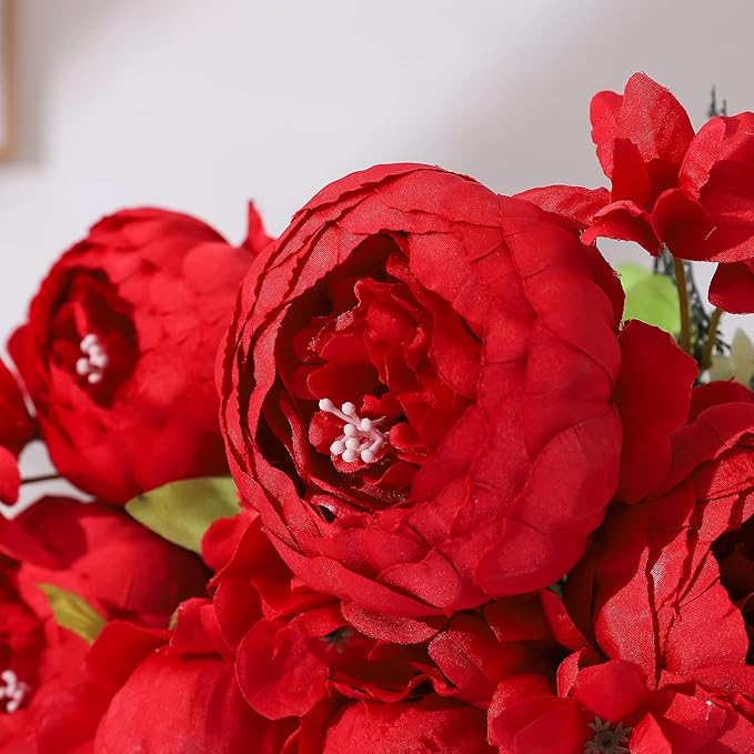 Duovlo Springs Flowers Artificial Silk Peony Bouquets Wedding Home Decoration,Pack of 1 (Spring Red)