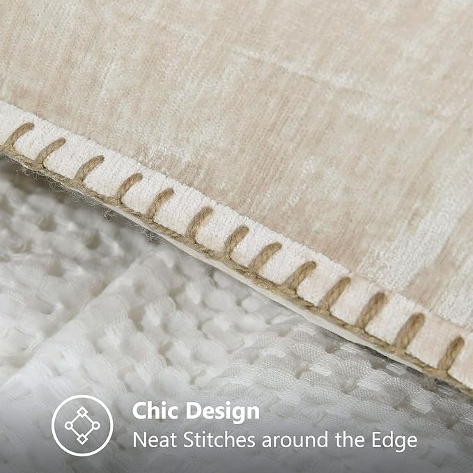 decorUhome Chenille Soft Throw Pillow Covers 12x20 Set of 2, Lumbar Velvet Farmhouse Neutral Decorative Euro Pillow Covers with Stitched Edge for Couch Sofa Bed Home Decor, Beige