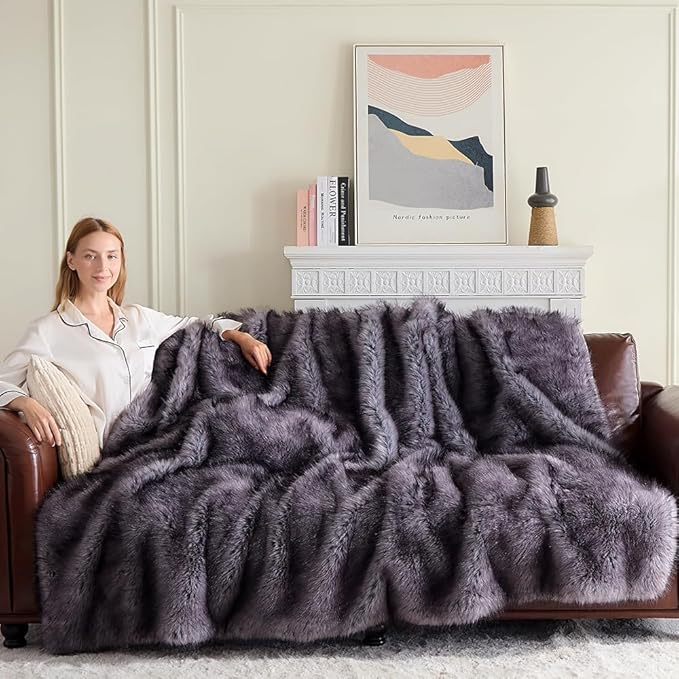 Fluffy Faux Fur Throw Blanket – Super Soft Warm Thick Plush Blanket for Bed, Couch & Office, Cozy Fuzzy Throw with Flannel Backing,50"x60", Grey
