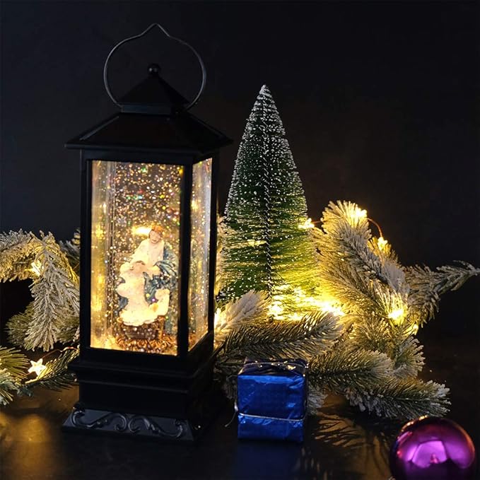 Eldnacele Battery Operated Plug-in Musical Lighted Christmas Water Snowing Glittering Snow Globe Lantern with Timer Christians Nativity Lantern Decor, Holy Family