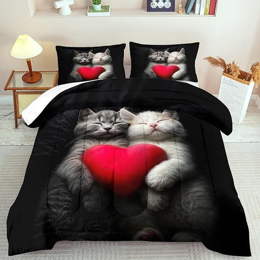 Cute Cat Comforter Set Twin,Kawaii Cat Bedding Set for Girls,Cute Animal Comforter Red Love Heart Bedding Decor,Kawaii Farm Animal Quilt Patterns Kids and Adults