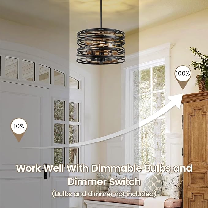 Farmhouse Chandelier, Dining Room Light Fixture, 3-Light Modern Black Pendant Light Fixture, Rustic Industrial Ceiling Hanging Light Fixture for Entryway Foyer Kitchen Over Table Hallway