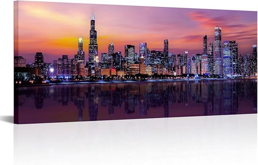 Fochorlo Large Chicago Canvas Modern City Skyline Wall Art Downtown Night Picture Prints Ready To Hang 20"X48"