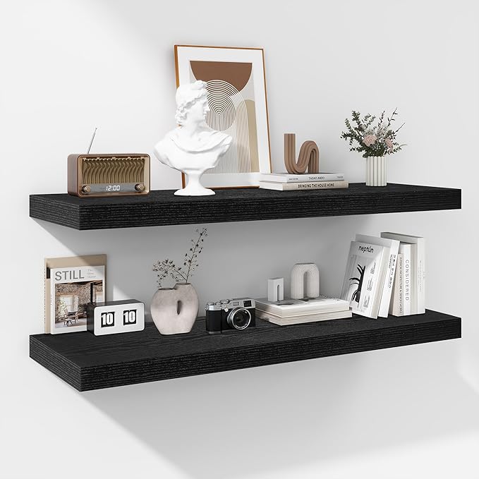 Fun Memories Floating Shelves - 2 Pack 12 Inch Rustic Wooden Wall Shelves - Extra Deeper & Thicker Wall Mounted Storage Shelf for Living Room, Kitchen, Farmhouse - 36" W x 12" D x 1.8"H - Rustic Black
