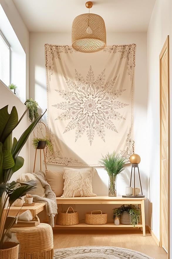 Damanse Floral Tapestry Wall Hanging Cute,Boho Wall Tapestry for Bedroom Aesthetic,Mandala Living Room Decor for Teen Girls (Flaxen, 34.80" x 47.20")