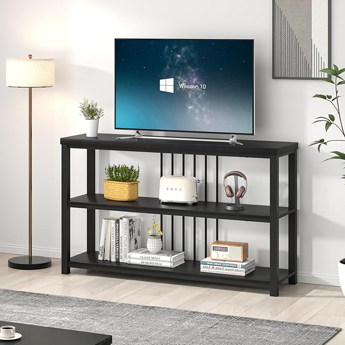 FOLUBAN Entryway Table, Modern Sofa Console Table with 3 Tier Storage Shelf for Living Room Hallway Foyer, Industrial Black Oak