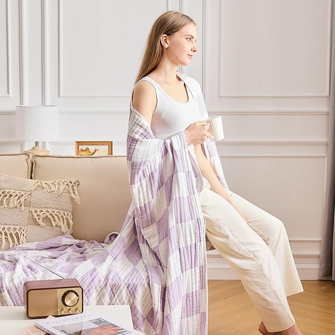 EMME Checkered Throw Blanket Cotton for Couch Soft Muslin Blankets 50"x60" Lightweight Breathable Cooling Soft All Season Gauze, Lavender
