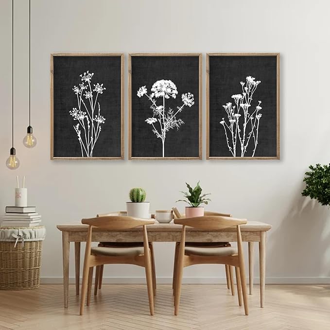 Flower Plant Wall Art Decor 16"x11" Set of 3 Black And White Botanical Painting Wood Framed For Minimalist Bedroom Office Rustic Living Room Abstract Wildflower Sign Hanging (Wood Black)