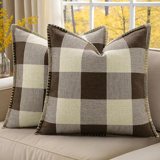 decorUhome Buffalo Plaid Check Throw Pillow Covers 16x16 Set of 2, Outdoor Decorative Farmhouse Neutral Pillow Covers with Stitched Edge for Bed Couch Sofa, Brown and Beige