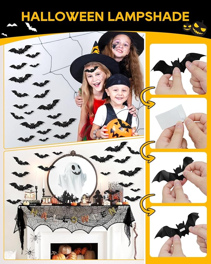 eZAKKA 5 Pack Halloween Decorations Indoor Halloween Spider Web Tablecloth Table Runners Fireplace Mantel Scarf Cobweb Lampshade Scary 3D Bats for Parties Gothic Spooky Home Decoration