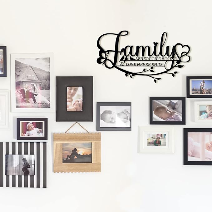 Family Sign Black Metal Wall Art Decor, Oppro Family Where Life Begins Love Never Ends Wrought Iron Wall Decorations, Hanging Plaque Letters Signs Home Decor for Living Room Bedroom Dining Room Kitchen Mother's Day Father's Day