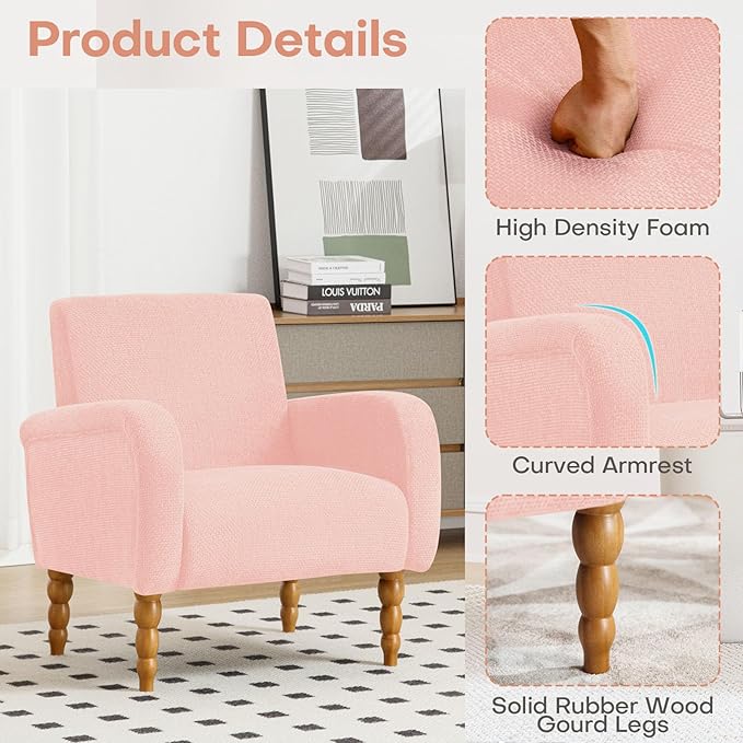 Chenille Fabric Accent Chair, Upholstered Armchair with Solid Wood Legs, Modern Living Room Accent Chair, Comfy Single Sofa Chair Reading Club Chair for Bedroom Reception Lounge, Pink