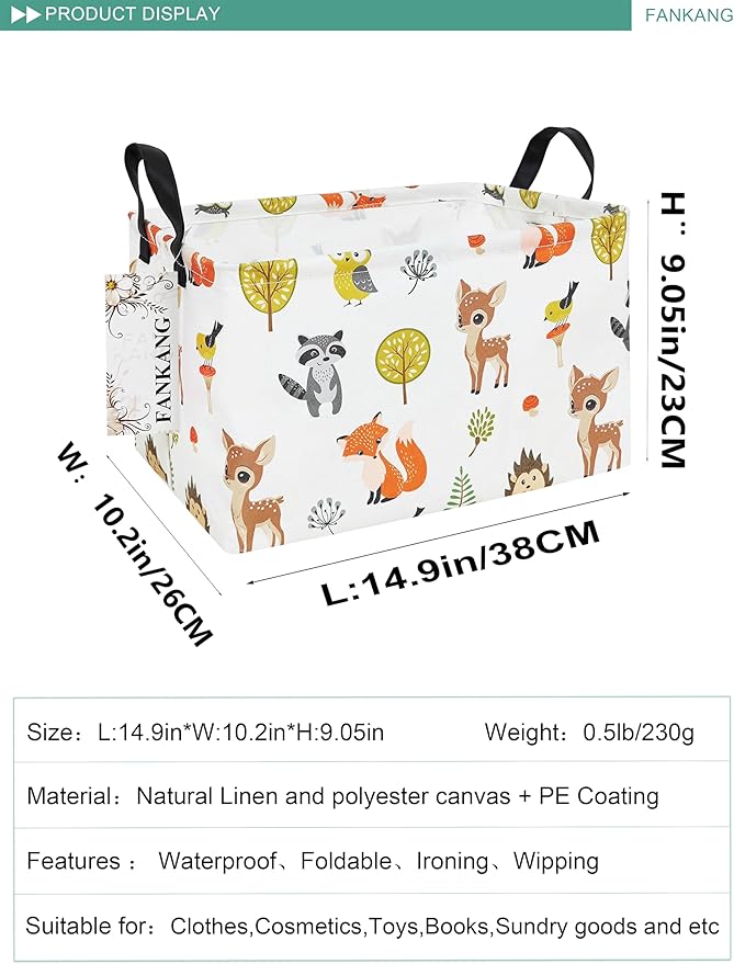 FANKANG Storage Bins, Nursery Hamper Canvas Laundry Basket Foldable with Waterproof PE Coating Large Storage Baskets for Kids Boys and Girls, Office, Bedroom, Clothes,Toys(Rec-deer）