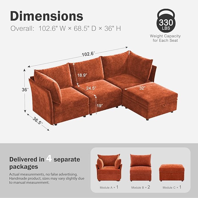102.6" Modular Sectional Sofa, L Shaped Couch Set for Living Room, 3-Seater Comfy Cloud Couches with Movable Storage Ottoman,DIY Combination - Chenille Terracotta Orange
