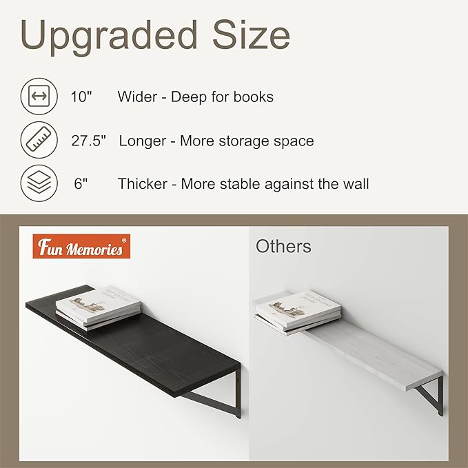 Fun Memories 27.5" W x10 D Floating Shelves, Black Wall Shelf with Brackets, 10 Inch Deep Floating Shelf Set of 2, Large Storage Kitchen Living Room Bathroom Shelves, Wood Wall Mounted Shelf