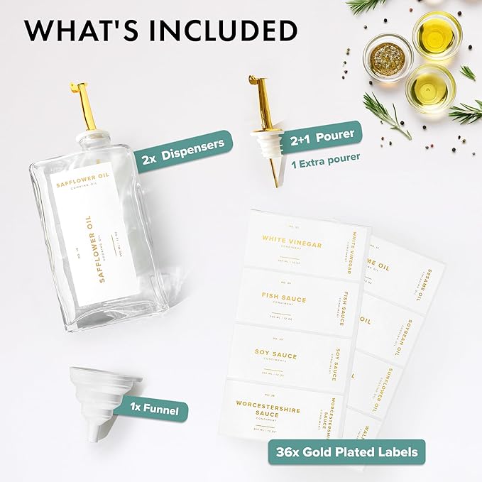 Glass Olive Oil Dispenser Bottle Set [2x17oz]: 36 Premium Gold Labels, Oil Dispenser for kitchen, Vinegar Bottle Set, Glass Dispensers for Soy Sauce, Syrup Bottles | Set of 2