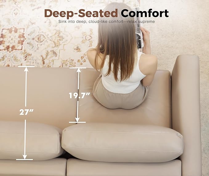 Faux Leather Single Sofa with Storage Ottoman, Modern Accent Chair Deep Seat Large Reading Armchair, Chaise Lounge Chair for Living Room Bedroom Office Whitesand