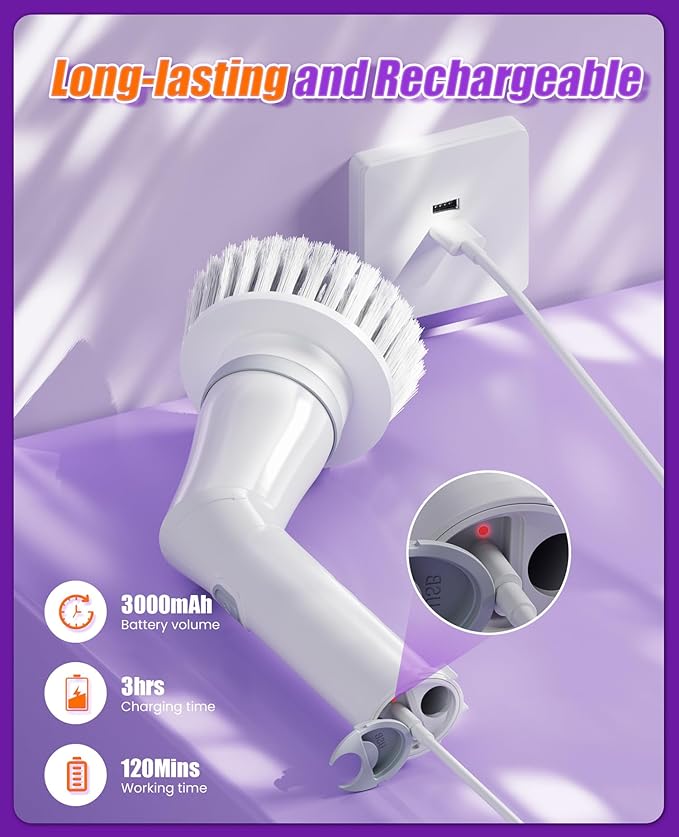 Electric Spin Scrubber, Cordless Shower Scrubber Rotary Floor Brushes & Pad Drivers with 6 Brush Heads - 2H Dual Speed, IPX7 Waterproof Extension Handle for Bathroom Tile Car Cleaning (White)