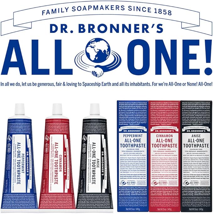 Dr. Bronner’s All-One Toothpaste 3-Pack Variety– (Peppermint, Cinnamon, Anise, 5oz Each)– 70% Organic Ingredients, SLS Free Toothpaste, Fluoride Free, Natural, Vegan, Gentle for Sensitive Teeth