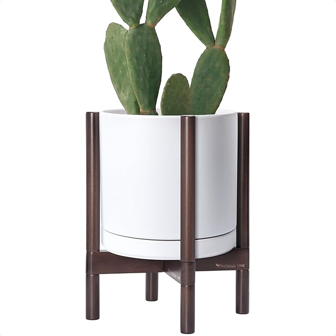 D'vine Dev Ceramic Planter with Walnut Color Stand - 12 Inch Modern Round Flower Pot with Wood Planter Holder, White, 55-B-W-1